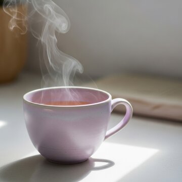 A steaming hot cup of coffee served in a white ceramic mug on a table in a cozy home environment during a peaceful morning break with soft natural light
