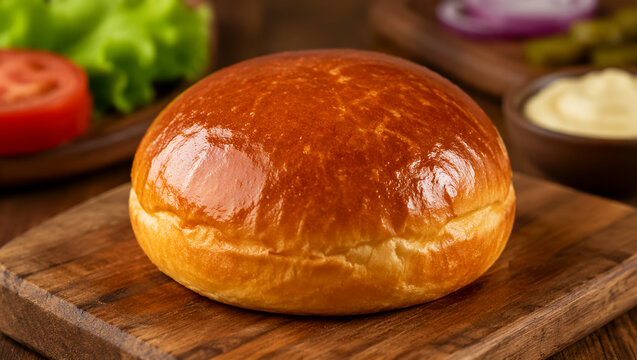 Pan brioche horneado y dorado,  para preparar un  s&aacute;ndwich sobre una tabla.