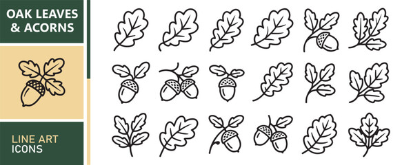 Obraz premium Editable Oak Leaf and Acorn Outline Icon Pack for Autumn Seasonal Projects