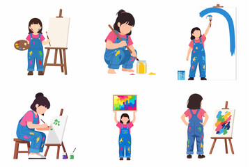 Fototapeta premium Set of little girl painter characters illustration. Young artist painting on canvas with brush and colorful paints. Creative hobby for kids vector collection.