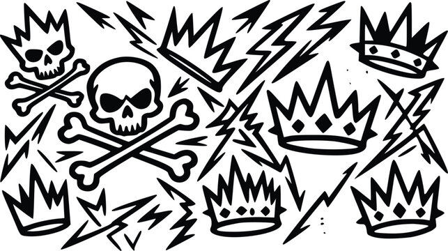 Detailed vector graphic illustration featuring bold black ink skulls crowns and lightning bolt symbols arranged in a creative sticker pattern