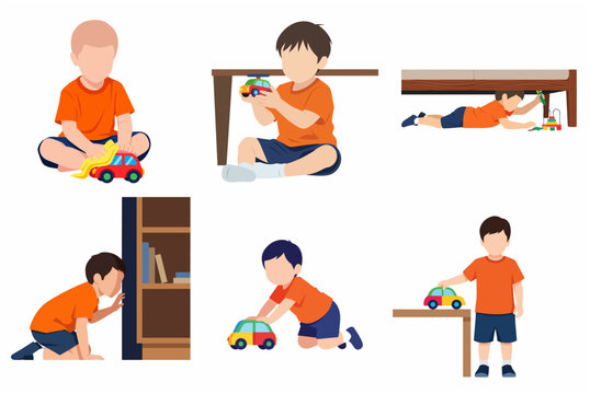 Young boy with autism spectrum disorder playing with toy cars in repetitive and focused ways, developmental behavior vector set