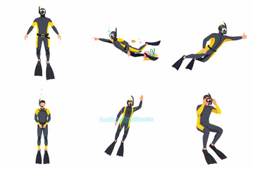 Set of scuba divers and snorkelers in wetsuits swimming and diving isolated on white background © Laafaa