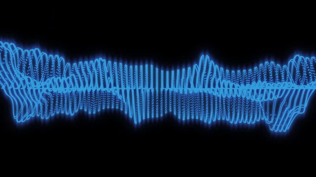 Glowing blue audio waveform visualizer oscillating and vibrating to rhythmic music on a black background, digital sound wave frequency