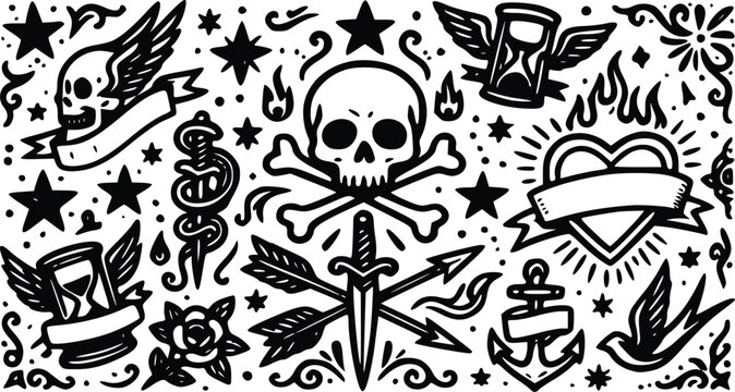 Detailed black and white vector illustration featuring classic old school tattoo style elements like skulls hearts anchors and sharp daggers