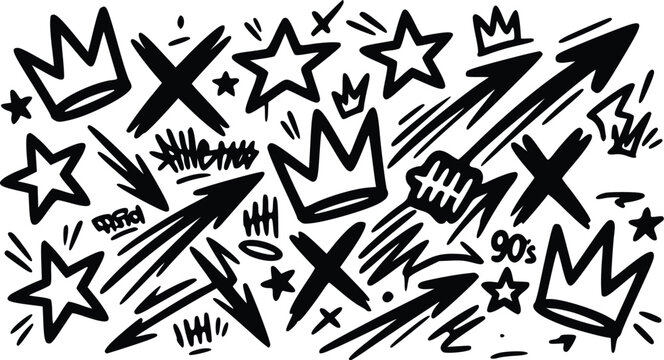 Bold black and white vector illustration featuring hand drawn graffiti crowns stars arrows and abstract scratch marks for urban design
