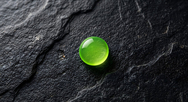Polished green jade cabochon on black slate background. Round translucent gemstone on dark stone texture. Luxury jewelry material for design and craftsmanship.