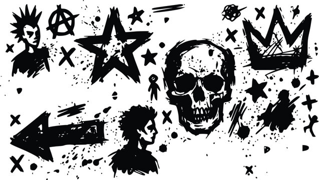A detailed vector illustration featuring iconic punk rock symbols including a skull, a crown, stars, and various abstract graffiti elements