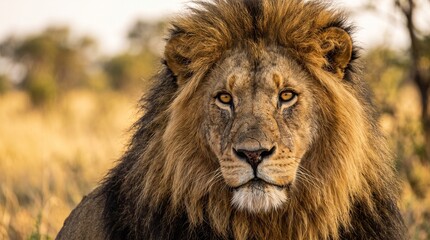 Majestic male lion with full mane roaring in golden savanna. Regal African wildlife predator portrait in natural habitat. Iconic king of the jungle... © Azhar