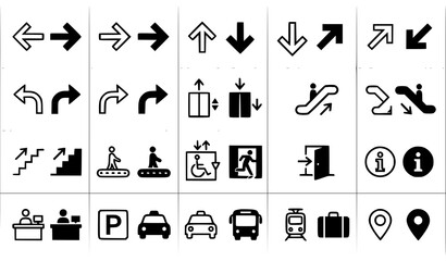Fototapeta premium Modern Wayfinding Navigation Icons with Escalator Elevator and Direction Vector Collection