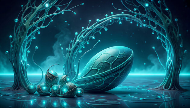 Surreal Alien Planet Landscape featuring Bioluminescent Organic Pods and Glowing Arching Structures in a Deep Teal Sci-Fi Environment
