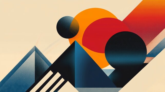Abstract geometric art with vibrant colors and shapes, including circles, pyramids, and diagonal lines, creating a dynamic composition.
