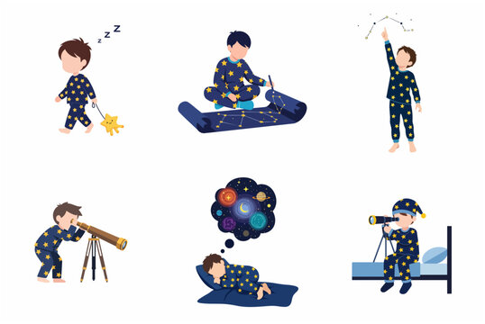 Vector illustration set of a young boy in star pajamas exploring astronomy, stargazing with a telescope, drawing constellations, and dreaming about the universe