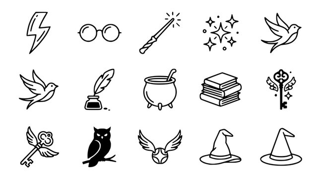 Magical Icons Set: Lightning Bolt, Glasses, Wand, Stars, Birds, Owl, Cauldron, Books, Keys, Hat