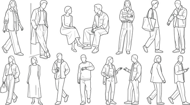 Vector line art collection of people silhouettes in casual outfits for architectural scale and rendering.