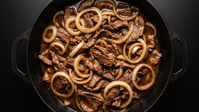 Bistek Tagalog Filipino beef steak, caramelized onion rings in cast iron skillet