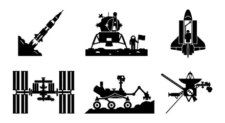 Space Exploration Icons: Rocket Launch, Lunar Lander, Shuttle, Space Station, Rover, Satellite Vector Set © Khokon
