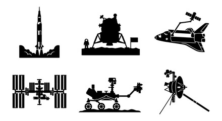 Space Exploration Icons: Rocket, Lunar Lander, Shuttle, Space Station, Rover, Satellite Silhouettes for Science and Technology Projects © Khokon