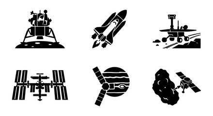 Space Exploration Icons Set: Rocket, Lunar Lander, Mars Rover, ISS, Satellite, Asteroid, Cosmic Voyage Graphics © Khokon
