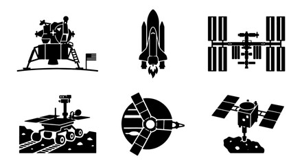 Space Exploration Icons Set: Lunar Lander, Shuttle, ISS, Rover, Satellite, Spaceship Vector Graphics for Science and Technology Projects © Khokon