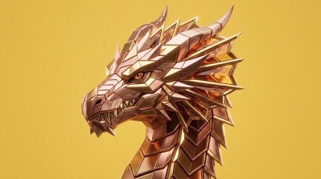 A high-end 3D rendering of a geometric dragon head constructed from polished rose gold and brass metallic plates over a solid yellow backdrop.
