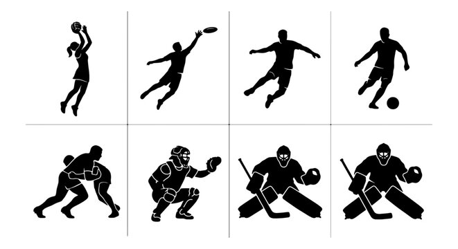Diverse Sports Silhouettes Collection: Action Figures for Basketball, Soccer, Hockey, and More. Dynamic Athlete Icons for Fitness and Competition Graphics.