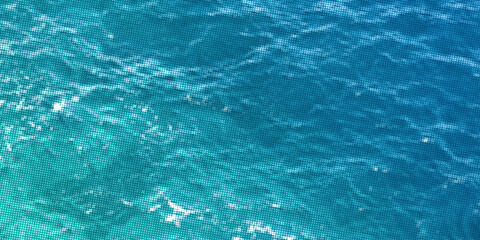 Fototapeta premium Blue halftone sea water texture with realistic ripple waves and sunlight reflections. Abstract ocean surface in retro comic dot style. Marine background. Vector illustration