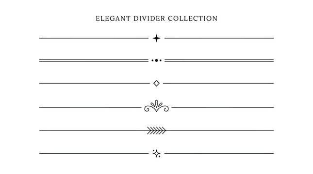 Elegant divider collection, minimalist black line borders and decorative page breaks, set of 6 ornamental text separators for wedding invitations