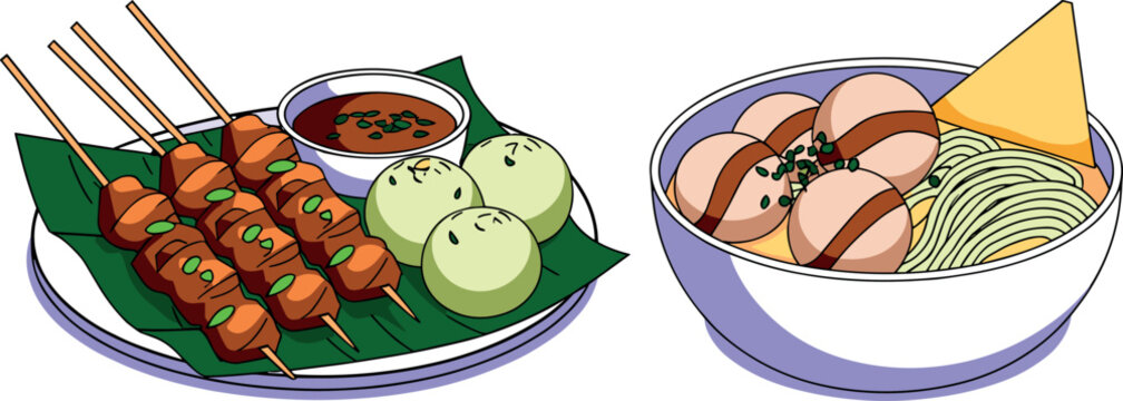 Indonesian asian food vector illustration set with chicken satay skewer peanut sauce meatballs bakso noodle soup on white