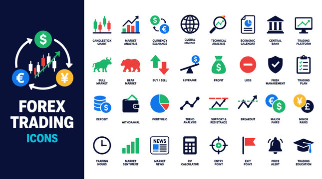 Forex Trading Icon Set Featuring Currency Market Symbols.
