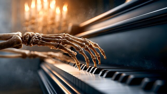 Skeleton Hands Playing Grand Piano in Dark Candlelit Ballroom