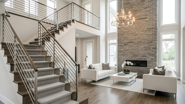 Modern luxury living room with staircase and fireplace in open home interior