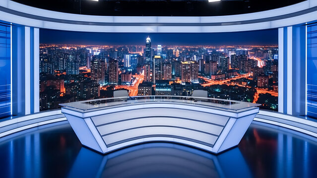 Modern news studio desk overlooking vibrant city skyline at night