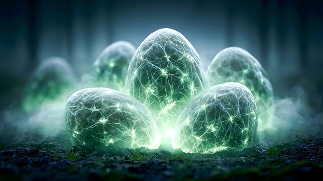 Glowing Alien Egg Pods on Dark Forest Floor in Mist at Night