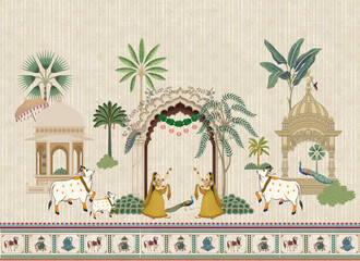  Traditional Indian Pichwai Wallpaper with Kamadhenu Cow Women and Temple Arch Vector © Mondal Creation