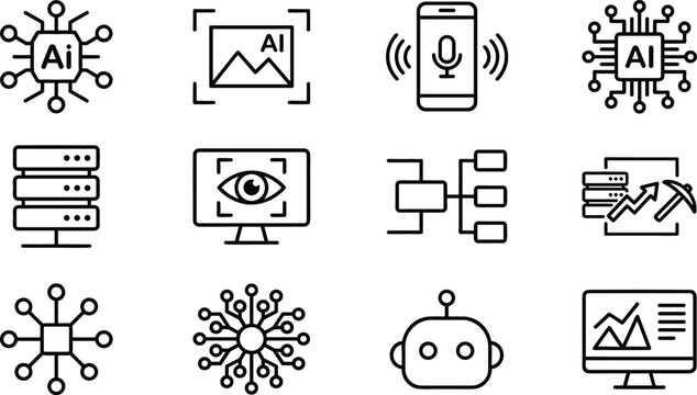 Artificial Intelligence and Machine Learning Line Icon Set with Neural Networks Computer Vision and Data Mining Symbols for Tech Vector Designs