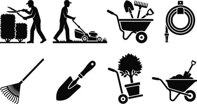 Gardening and lawn care icon set featuring gardener stick figures trimming hedges mowing grass tools and equipment isolated on white background