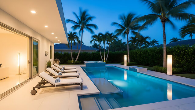 Luxury modern villa with illuminated pool and lounge chairs at dusk