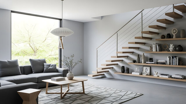 Modern living room with staircase bookshelf and natural light