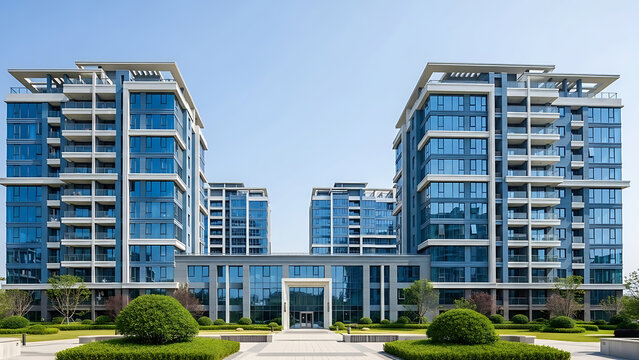 Modern glass office buildings with landscaped entrance under clear sky