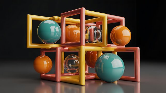 Abstract geometric sculpture with interlocking cubes and colorful spheres on a dark gray reflective surface