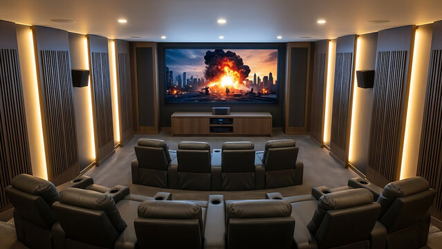 Modern home theater with explosion movie scene on large screen display