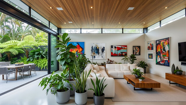 Modern living room with large windows overlooking lush garden view