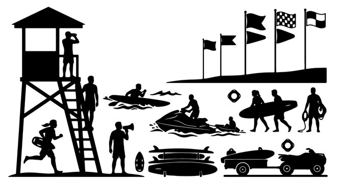 Beach Safety Icons, Lifeguard Tower & Water Sports Vector Set: Rescue, Surveillance & Recreation Elements for Coastal Graphics