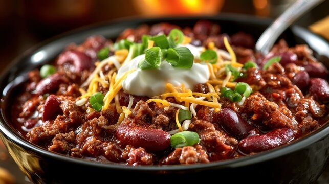 Hearty bowl of homemade chili with ground beef kidney beans shredded cheese sour cream and fresh chopped green onion in black bowl with spoon close-up