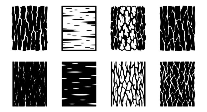 Diverse Tree Bark Textures, Organic Wood Grain Patterns, Natural Forest Surface Backgrounds, Black and White Vector Set