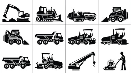 Naklejka premium Heavy construction machinery and equipment icon set featuring black silhouettes of excavator bulldozer dump truck crane and compactor