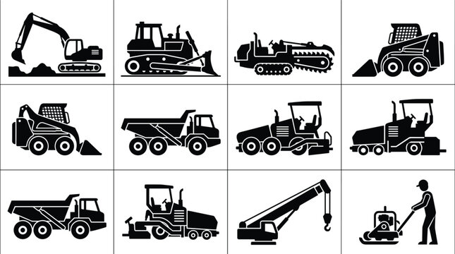 Heavy construction machinery and equipment icon set featuring black silhouettes of excavator bulldozer dump truck crane and compactor