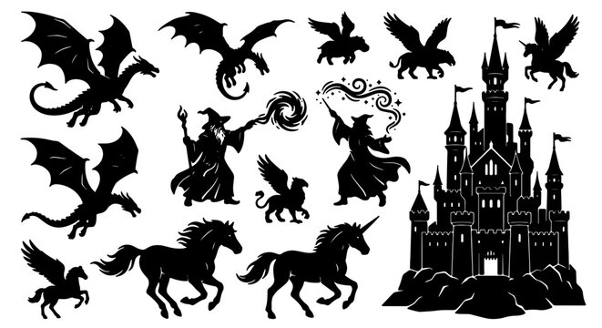Fantasy Vector Icons: Mythical Creatures, Magical Wizards, and Enchanted Castle Silhouettes for Storytelling and Design