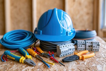 Fototapeta premium Electrical tools and safety helmet with cable rolls and circuit breakers on plywood surface